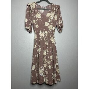 Calista Mauve Cream Floral Midi Dress Pockets Ruffle Detail FeminineSize Medium